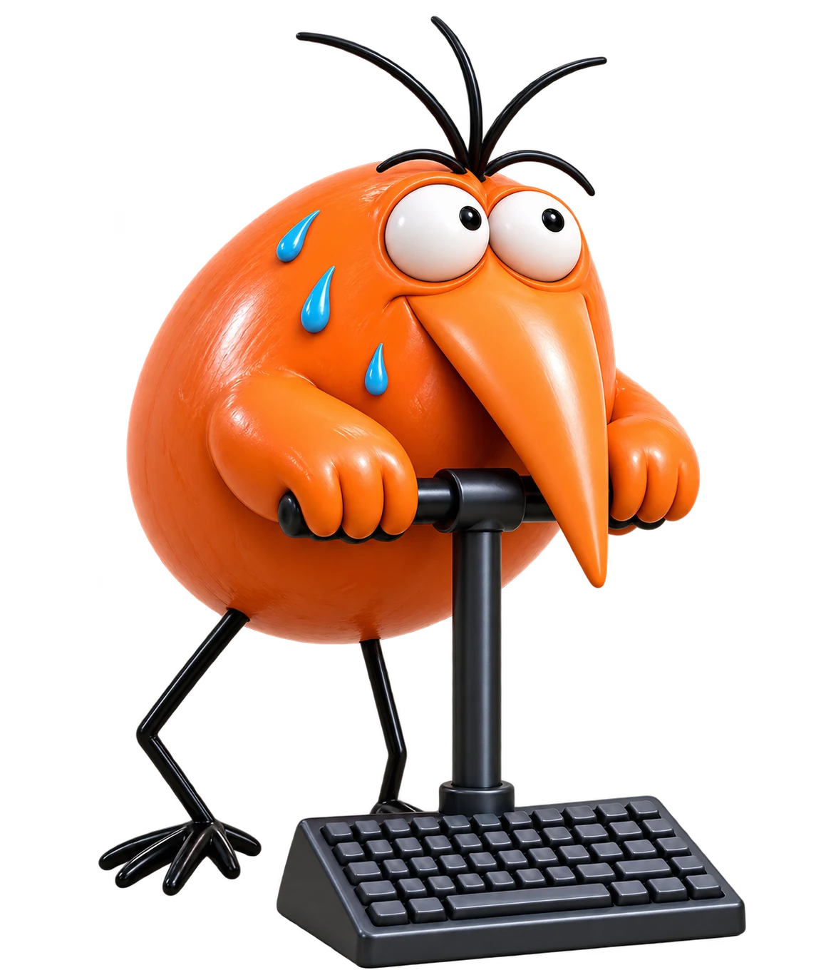 Le Shadok orange pompe sur un clavier.